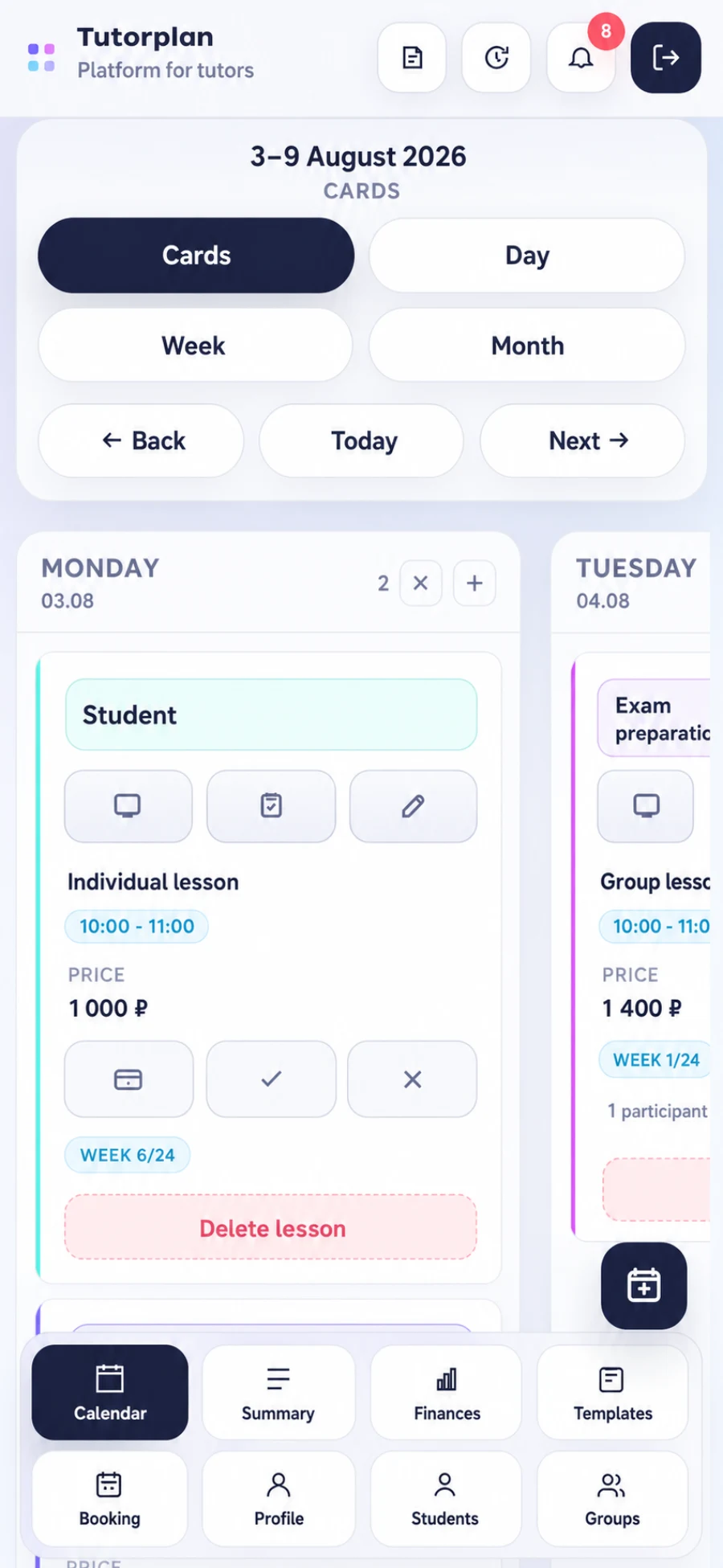 Tutorplan card calendar view with lessons grouped by weekday