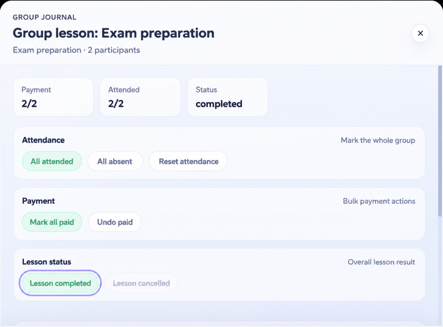 Tutorplan group lesson journal with attendance and payments