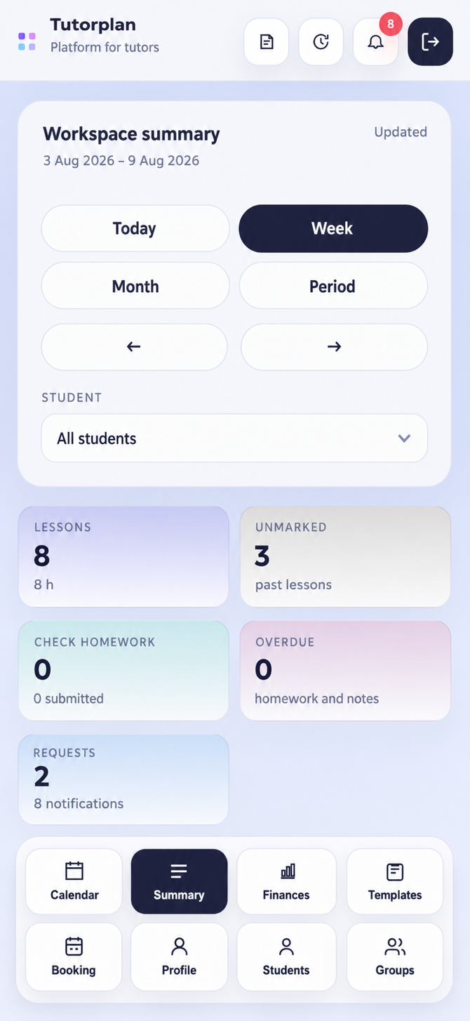 Tutorplan work summary with lessons, homework, and booking requests